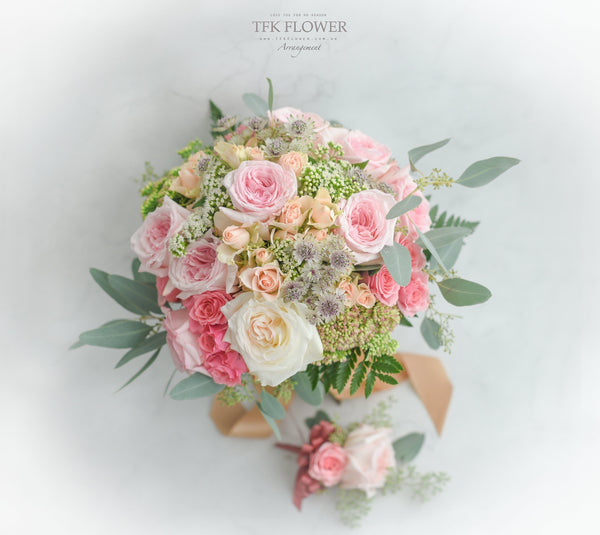 Garden Roses Wedding Bouquet (with corsage)